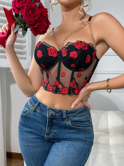 Sexy Floral Embroidery Bra Top With Adjustable Straps