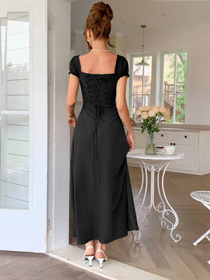 Elegant One-Shoulder Long Dress with Short Sleeves