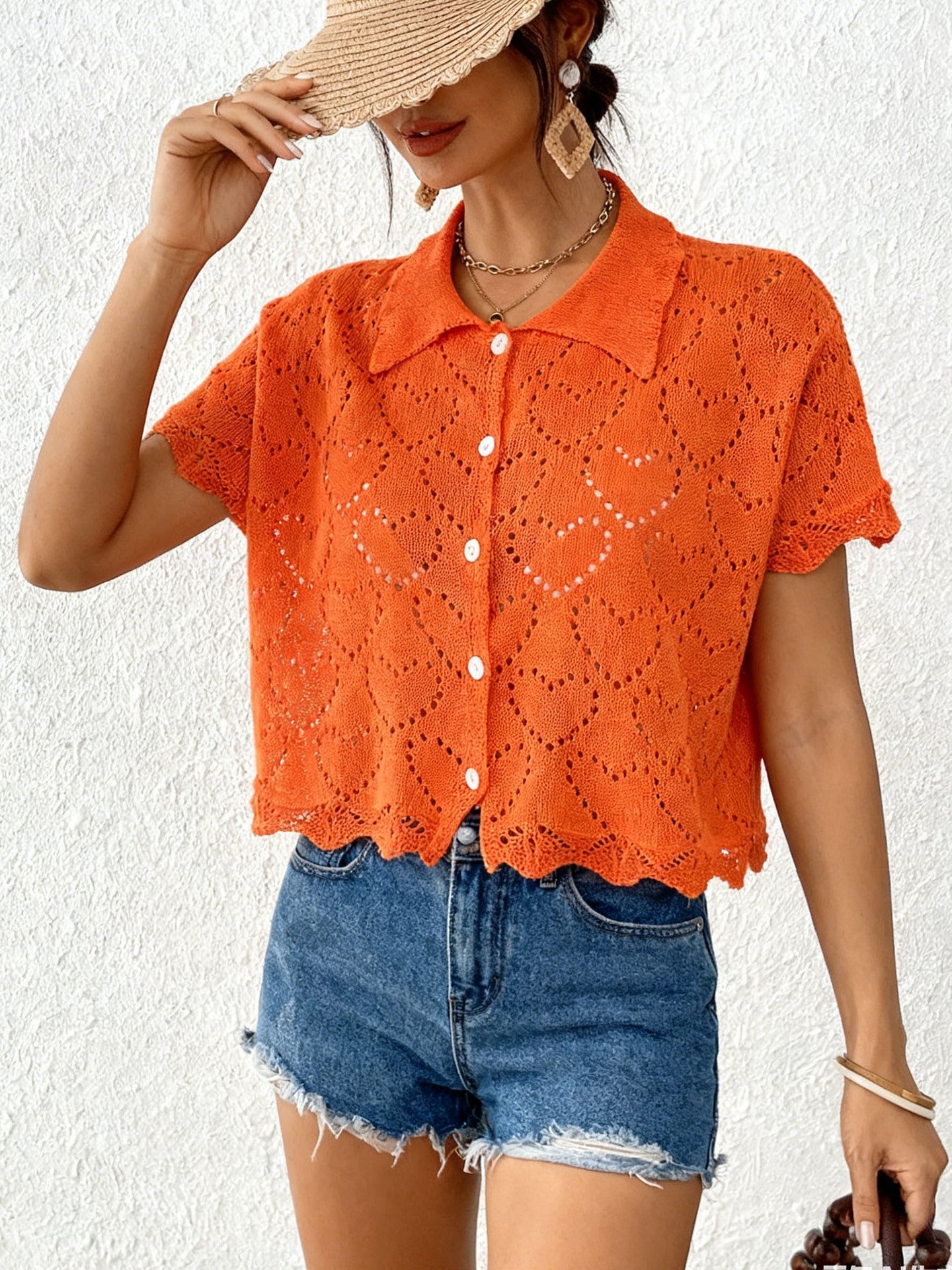 Women鈥檚 Casual Cardigan Lace Knit Heart Pattern Beach Top