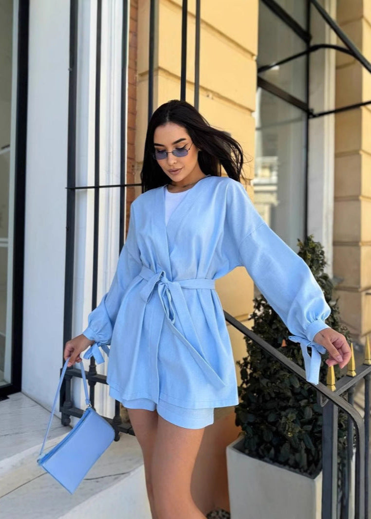 Linen Wrap Front Set With Belted Shirt And Shorts