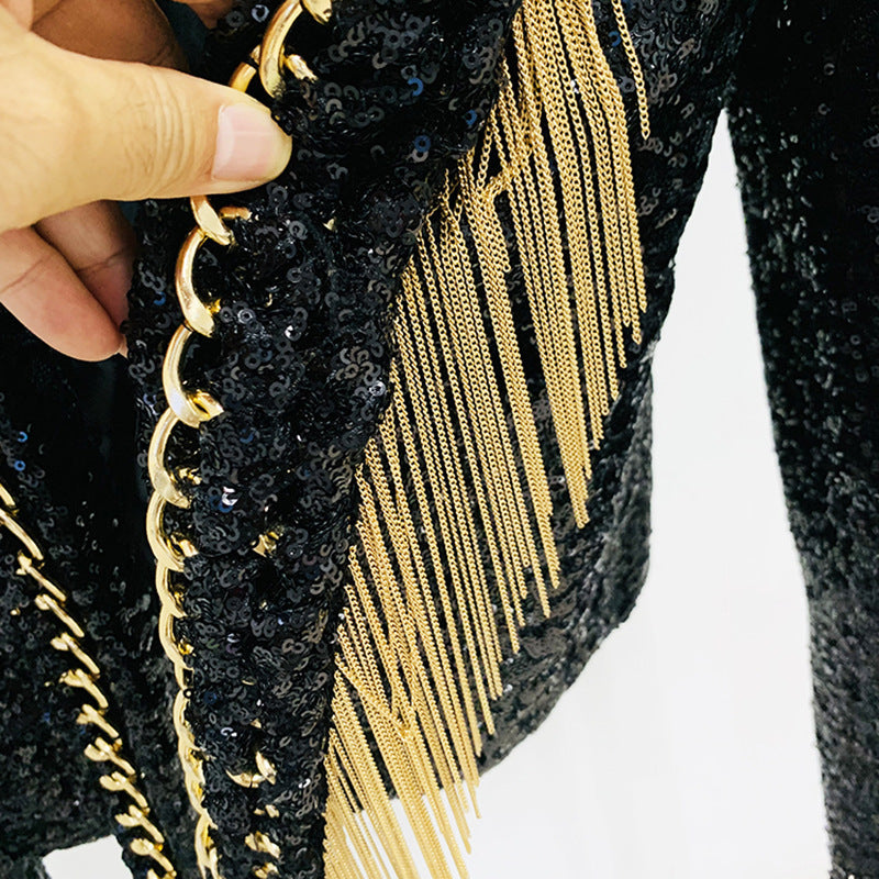 Chic Tassel Chain Sequin Blazer Jacket