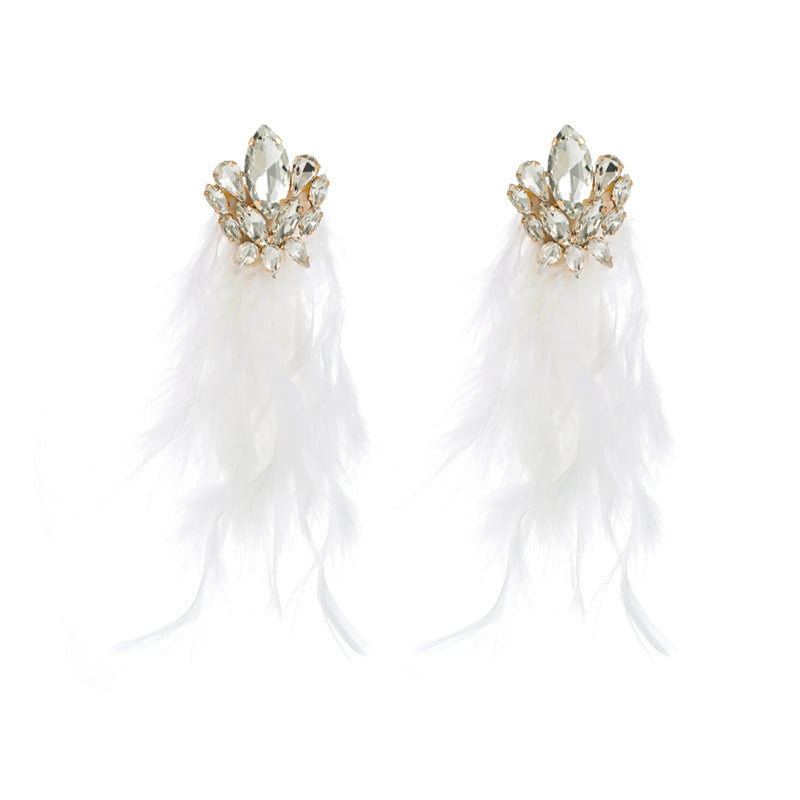 Bohemian Floral Alloy Rhinestone Long Feather Tassel Earrings