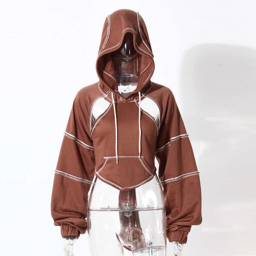 Color Block Hooded Short Sweatshirt For Women