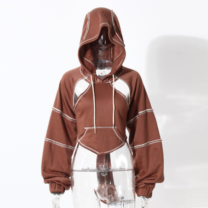 Color Block Hooded Short Sweatshirt For Women
