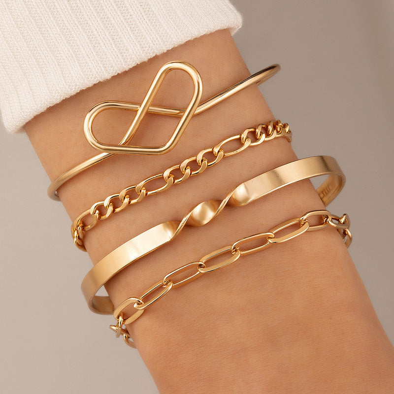 Vintage Geometric Open-Cuff Gold Bracelet Set