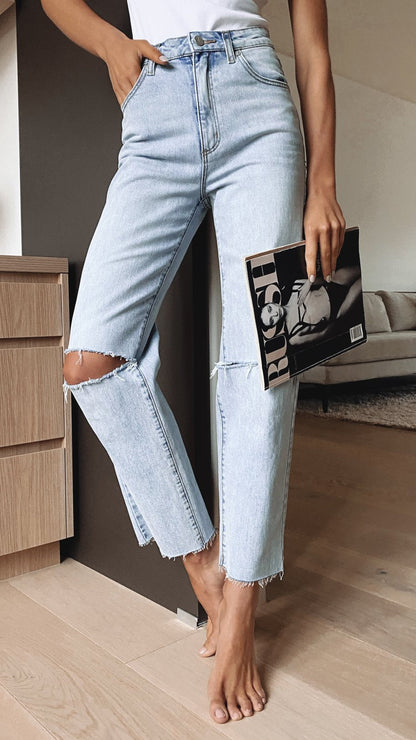 High-Waisted Ripped Light Blue Denim Straight Leg Jeans