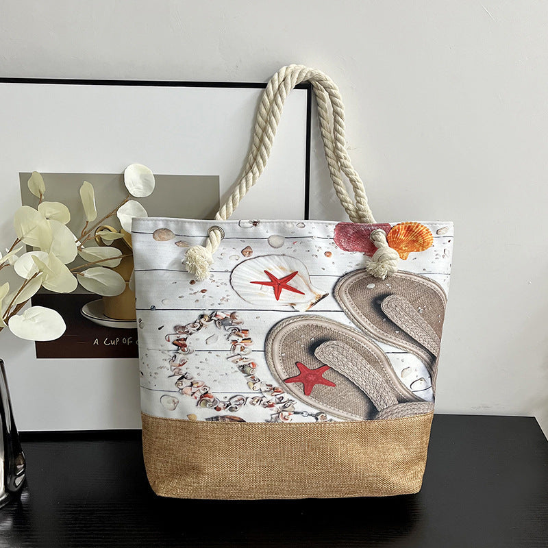 Large Capacity Digital Print Linen Beach Bag for Women