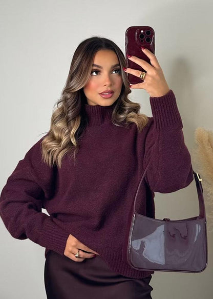 Plush Knit Turtleneck Sweater Burgundy Cozy Style