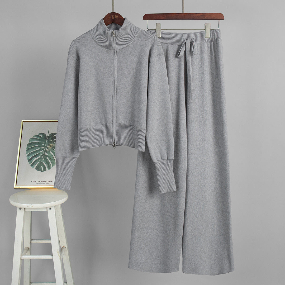 Chic Knitted Zipper Cardigan and Pants Set