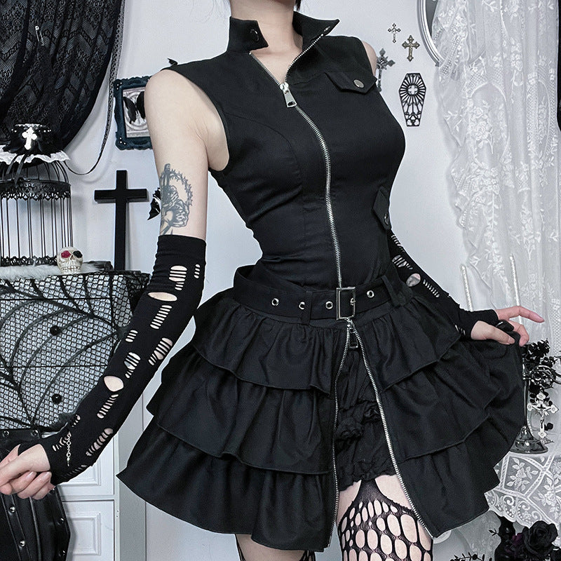Gothic Style Zipper Mini Skater Dress for Women
