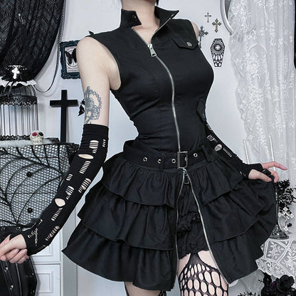 Gothic Style Zipper Mini Skater Dress for Women