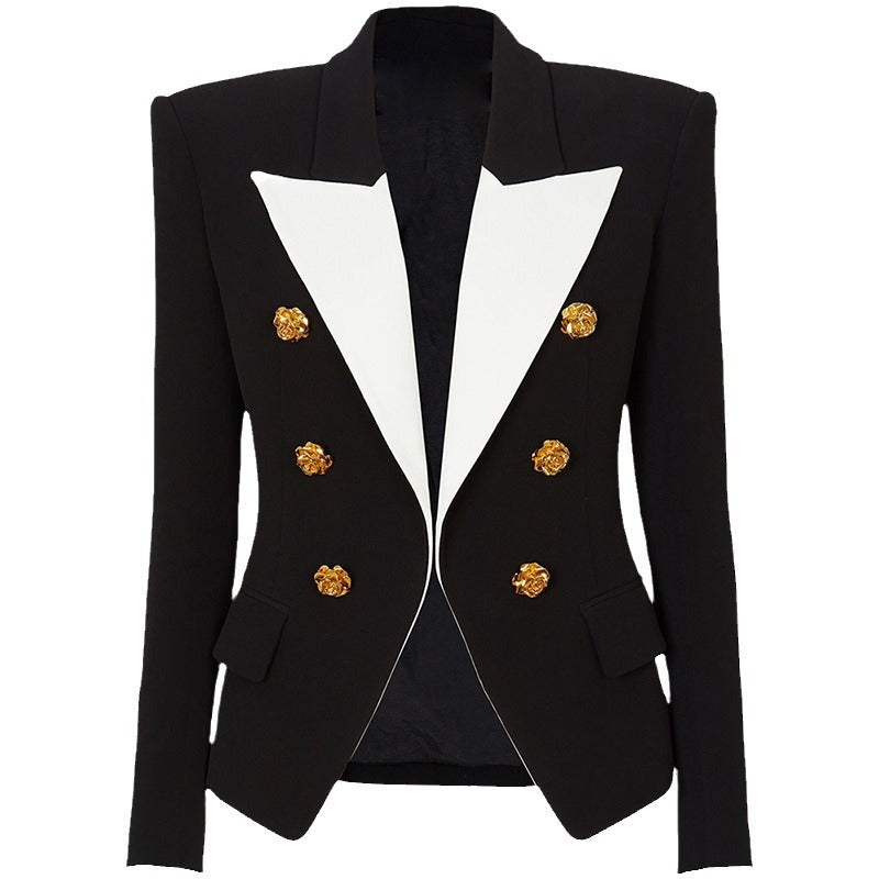 Color Blocked Blazer with Metal Rose Button