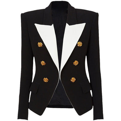 Color Blocked Blazer with Metal Rose Button