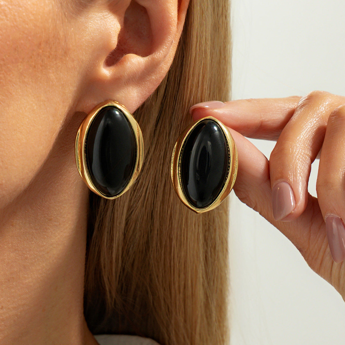 Geometric Tiger Eye Stone Earrings Trendy Alloy Metal Studs