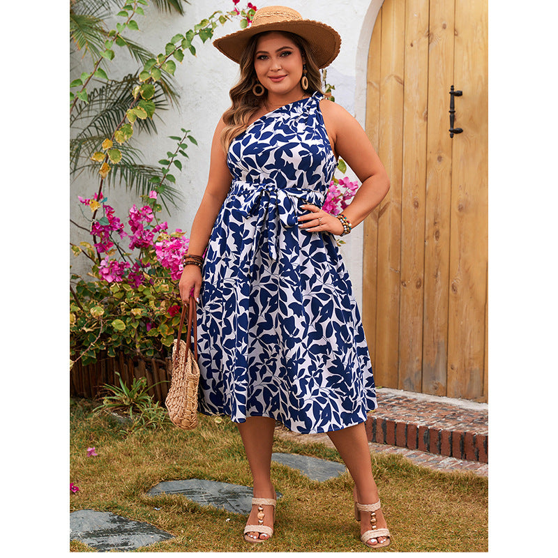 Asymmetrical Shoulder Floral Print Dress for Women
