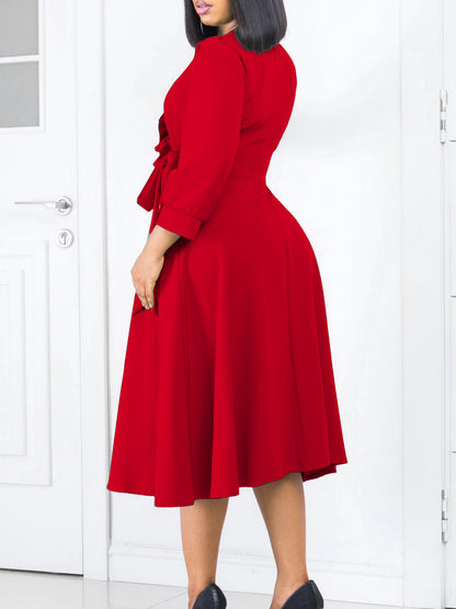 V-Neck Pleated High Waist A-Line Dress