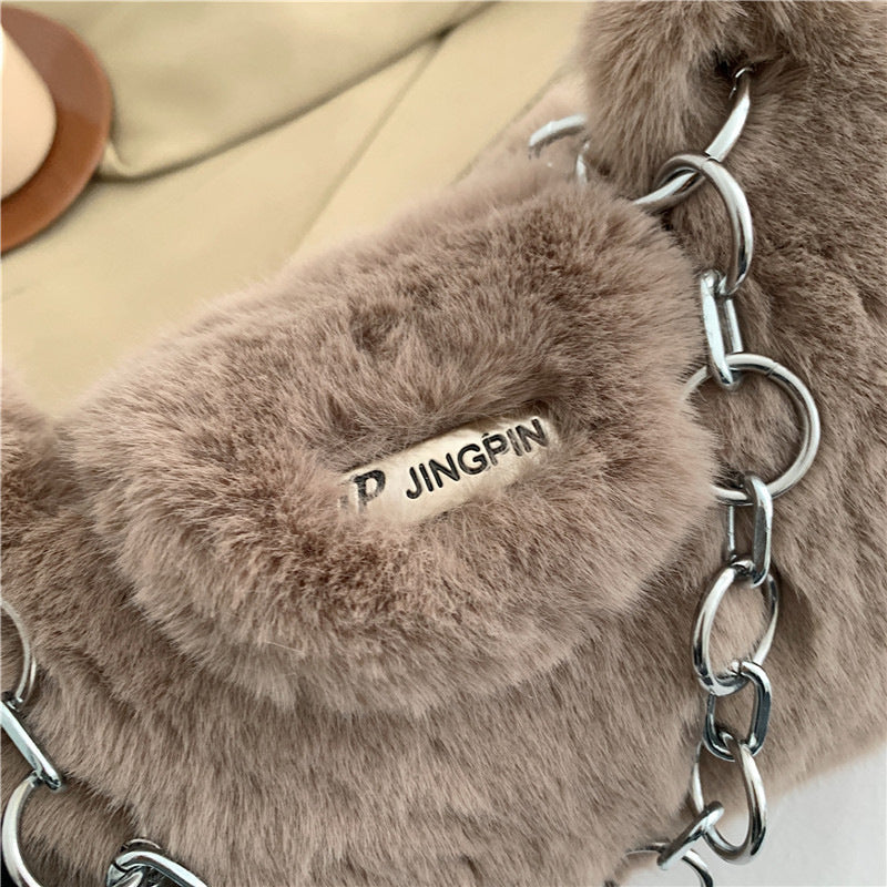 Fashionable Plush Shoulder Bag with Chain