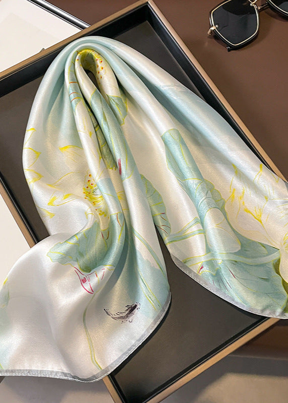 Satin Square Scarf With Lotus Garden Print