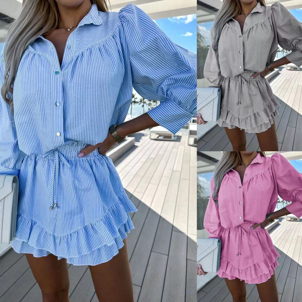 Stripe Pattern Dress Set Polyester Casual Chic