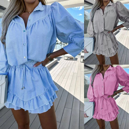 Stripe Pattern Dress Set Polyester Casual Chic