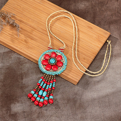Semi-Precious Stone Long Necklace Thai Wax Rope Woven Floral Pendant Sweater Chain