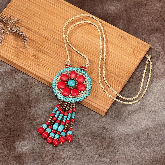 Semi-Precious Stone Long Necklace Thai Wax Rope Woven Floral Pendant Sweater Chain