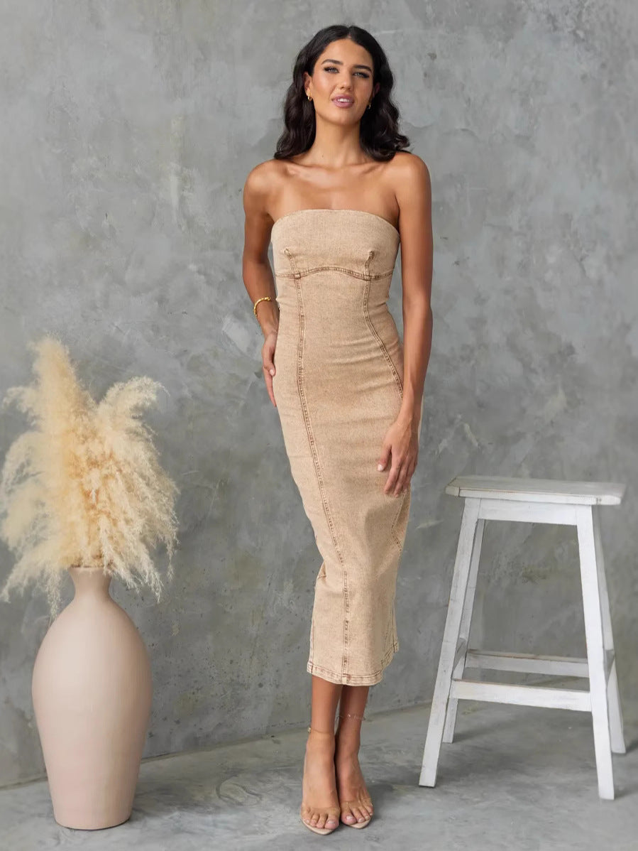 Trendy Denim Strapless Bodycon Dress