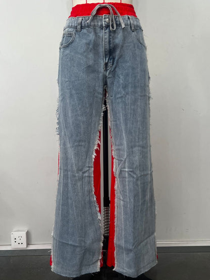 Fashion Splicing Drawstring Straight Leg Jeans