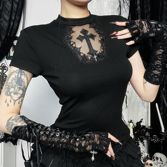 Sexy Black Cross Graphic T-Shirt for Trendy Casual Wear