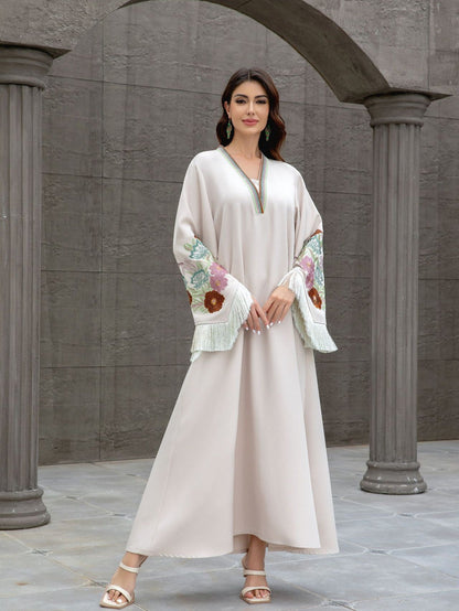 Embroidered Tassel V-Neck Abaya Dress for Women