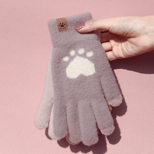 Cute Cat Paw Touchscreen Winter Gloves Warm Knitted Mittens