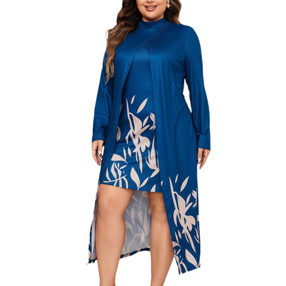 Trendy Floral Print Plus Size High Neck Long Sleeve Asymmetrical Dress