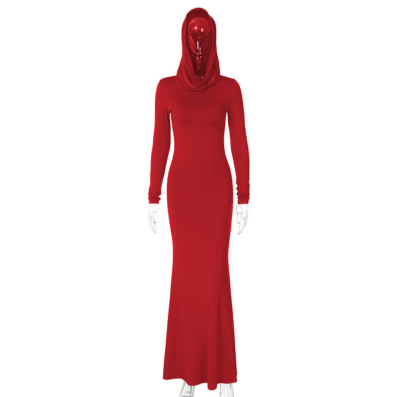 Elegant Red Hooded Long Sleeve Dress