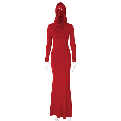Elegant Red Hooded Long Sleeve Dress