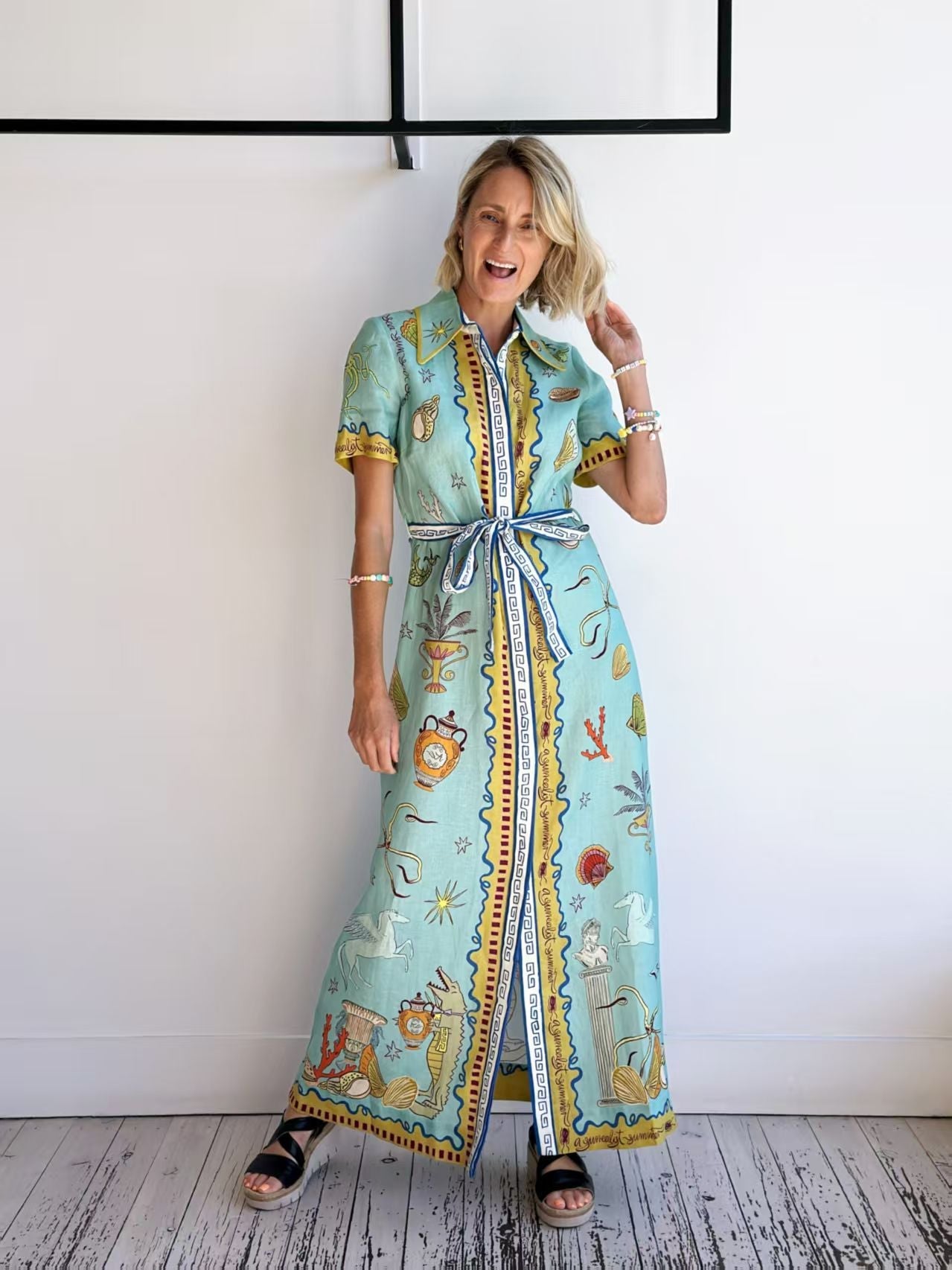 Casual Doodle Pattern Lantern Sleeve Cardigan Dress