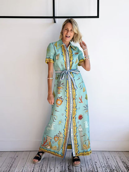 Casual Doodle Pattern Lantern Sleeve Cardigan Dress
