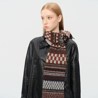 Fair Isle Pattern Knit Scarf Women's Retro Wool Blend Winter Accessory