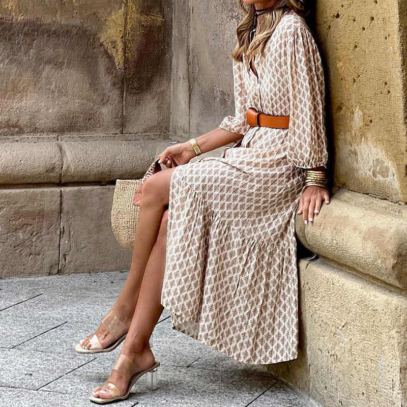 Fall/Winter New Fashion Belt Print V-Neck Simple Temperament Long Dress