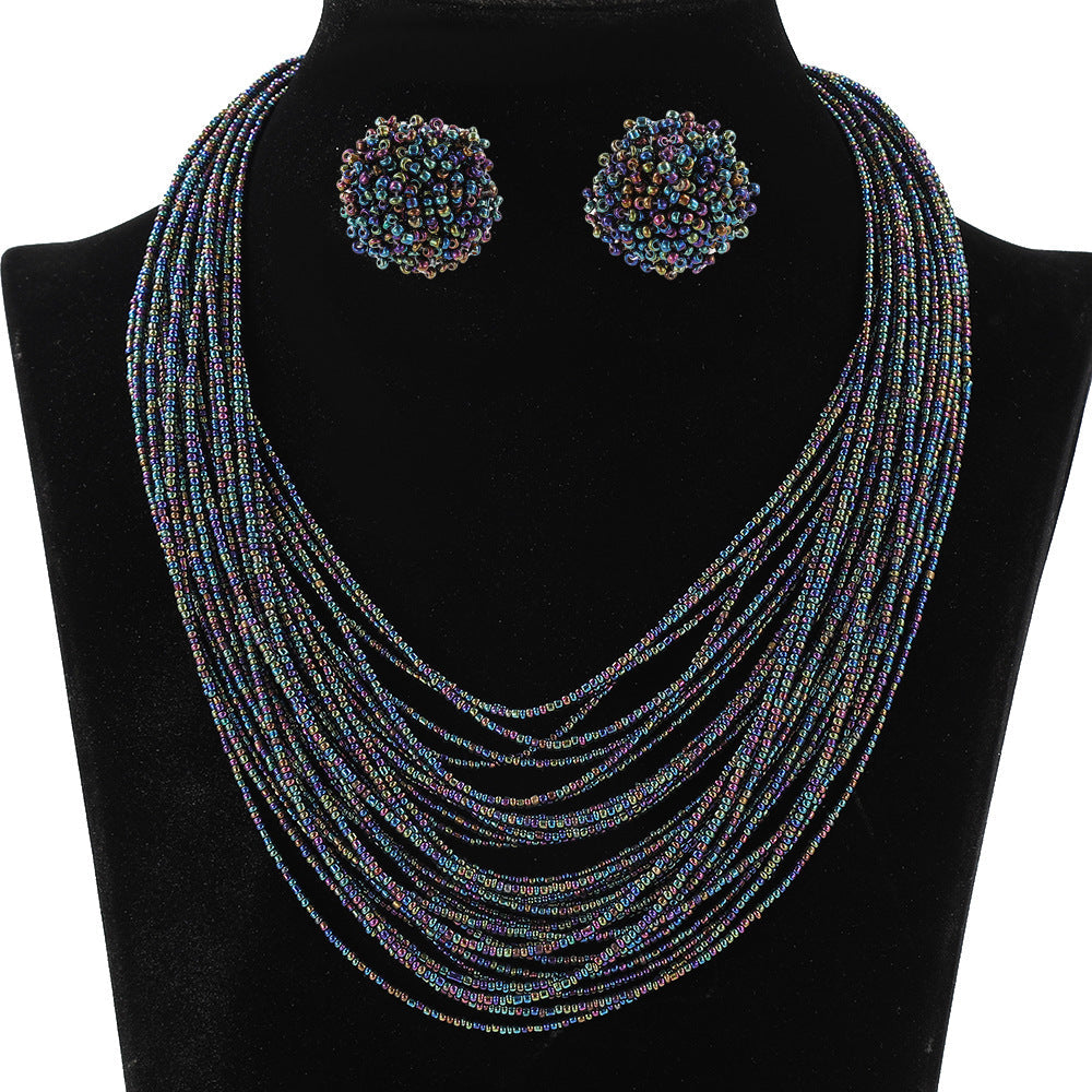 Bohemian Layered Bead Necklace and Earring Set Vintage Style Women's Jewelry