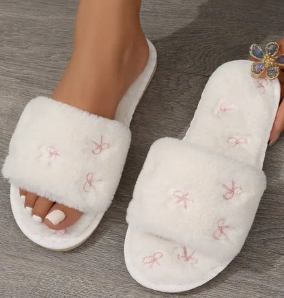 Bow Embroidered Plush Soft Slippers