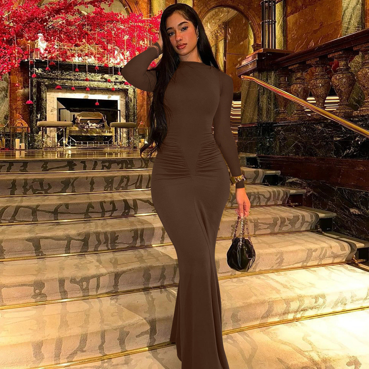Chic Fit Ruched Round Neck Long Sleeve Dress