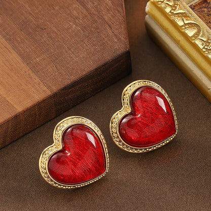Heart-Shaped Resin Earrings Elegant Retro Style