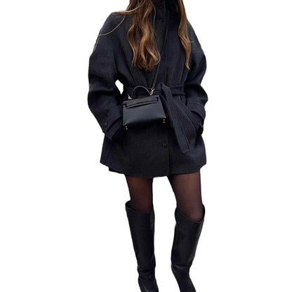 Solid Color Belted Wool Blend Coat for Women