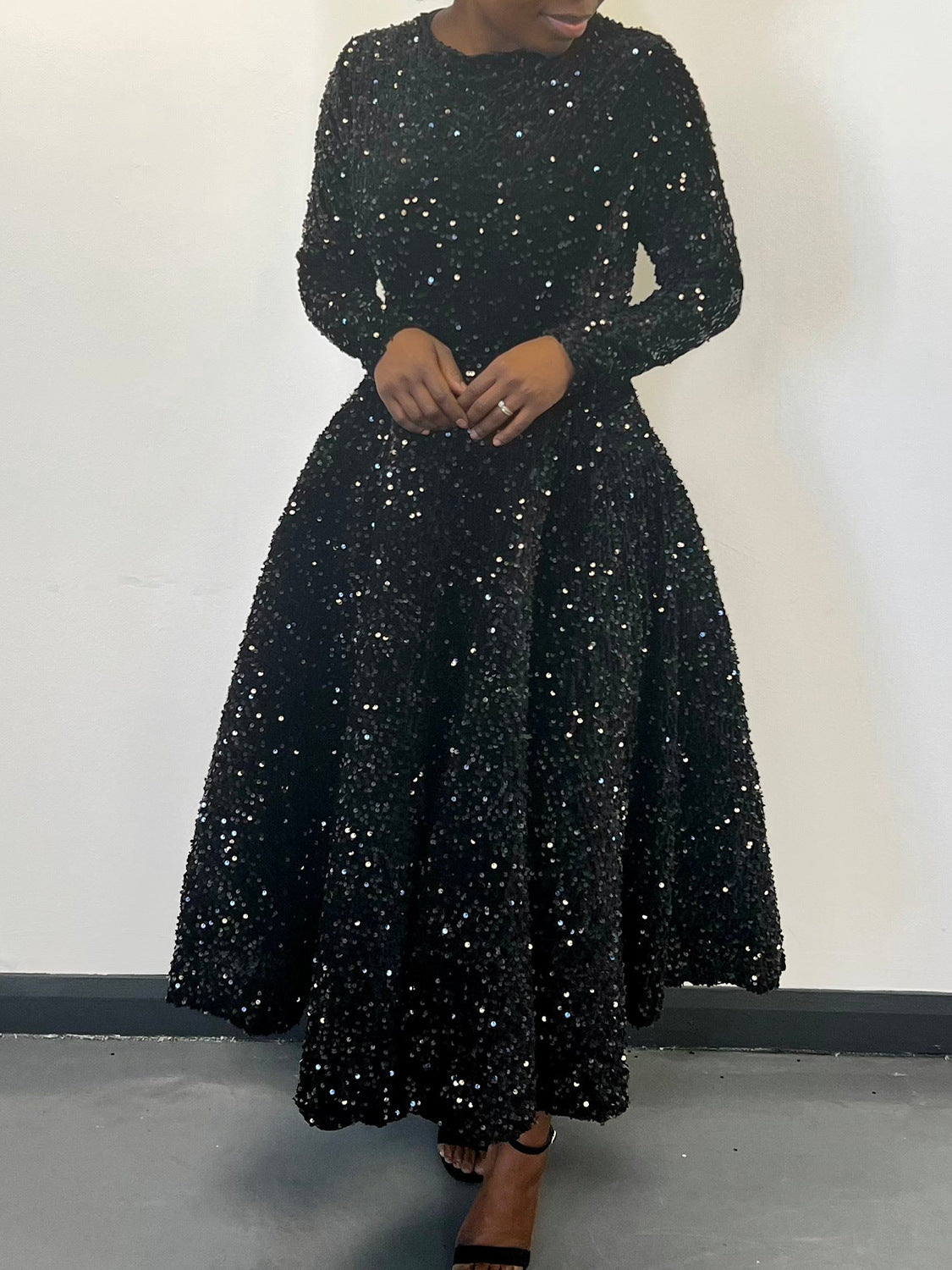 Elegant Long Sleeve Sequin A-Line Dress For Evening Events