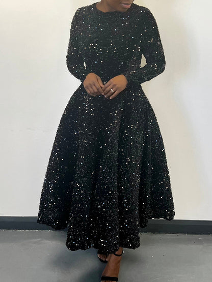 Elegant Long Sleeve Sequin A-Line Dress For Evening Events