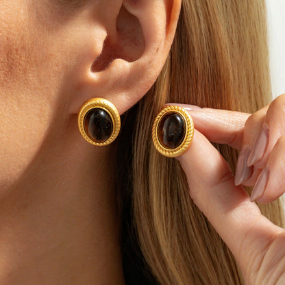 Geometric Tiger Eye Stone Earrings Trendy Alloy Metal Studs