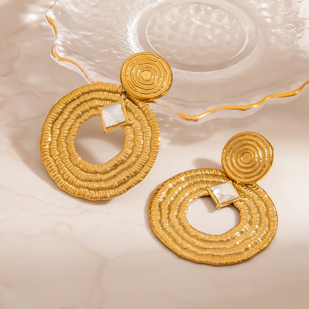 Trendy Vintage Circle Earrings with Rhinestones in Stainless Steel