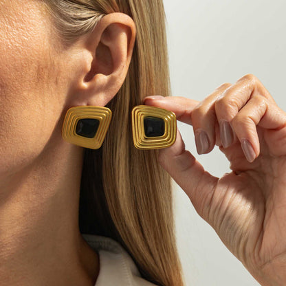 Geometric Tiger Eye Stone Earrings Trendy Alloy Metal Studs