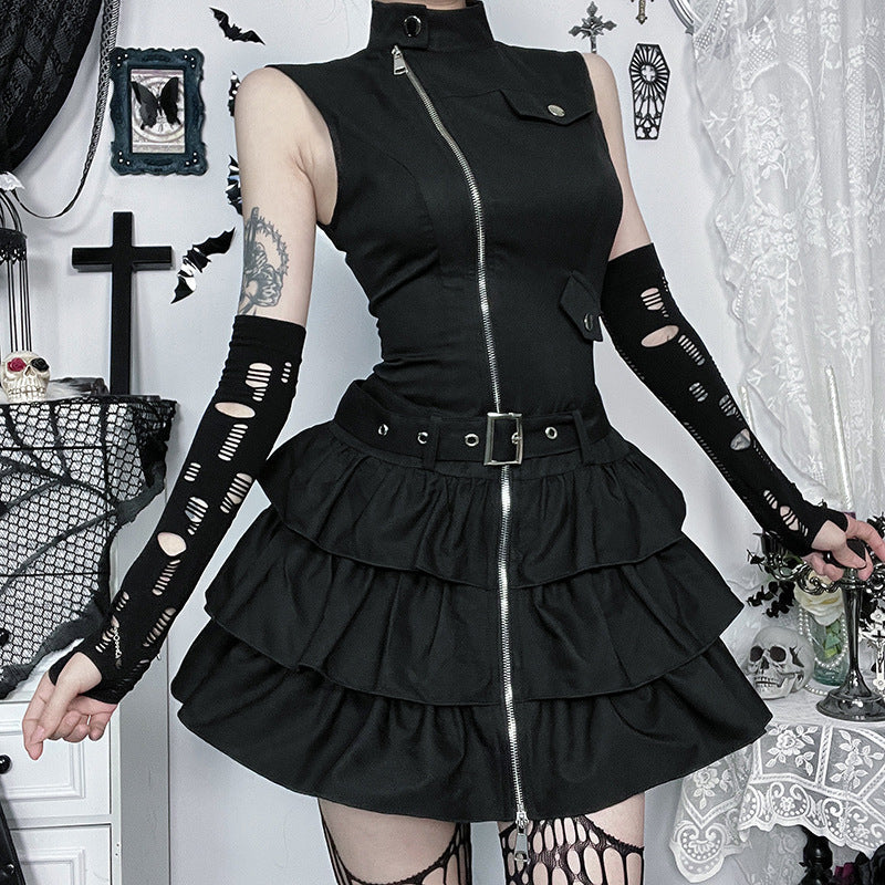 Gothic Style Zipper Mini Skater Dress for Women