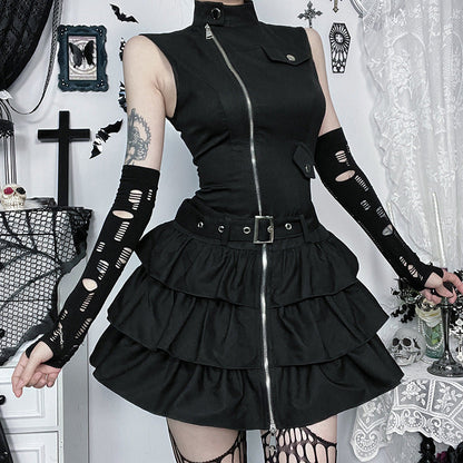 Gothic Style Zipper Mini Skater Dress for Women